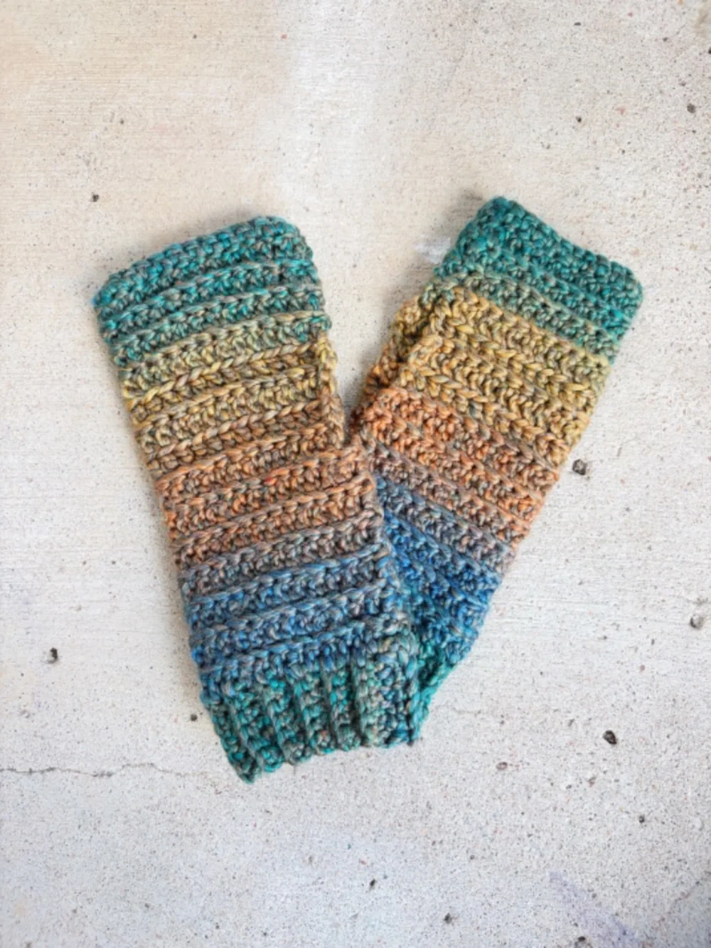 Handmade Crocheted Fingerless Gloves in Teal, Orange, and Gold